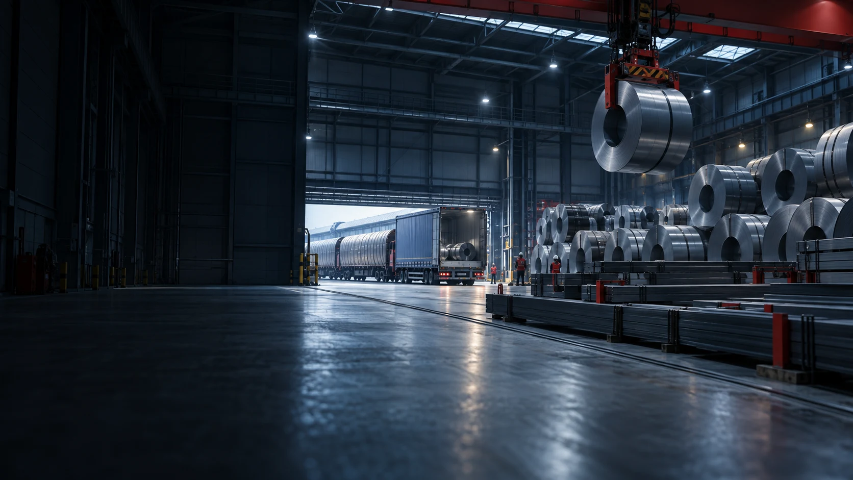 Centro logistico siderurgico con coils d’acciaio, carroponte e collegamenti continentali