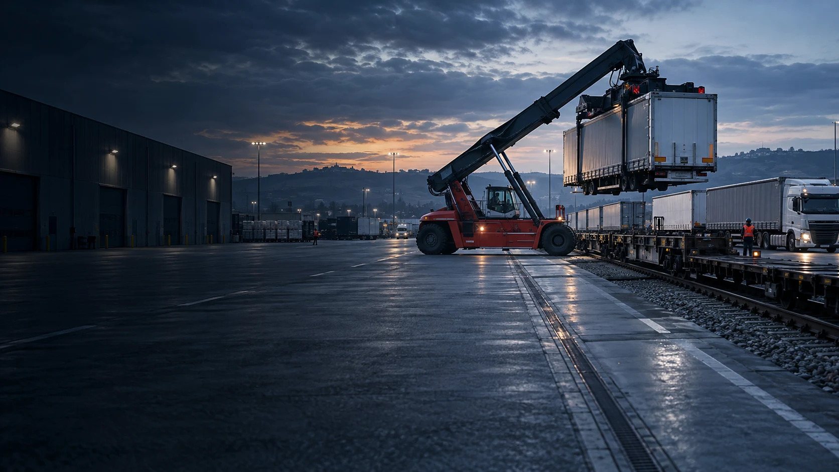Interscambio strada–ferrovia in un hub logistico dell’entroterra
